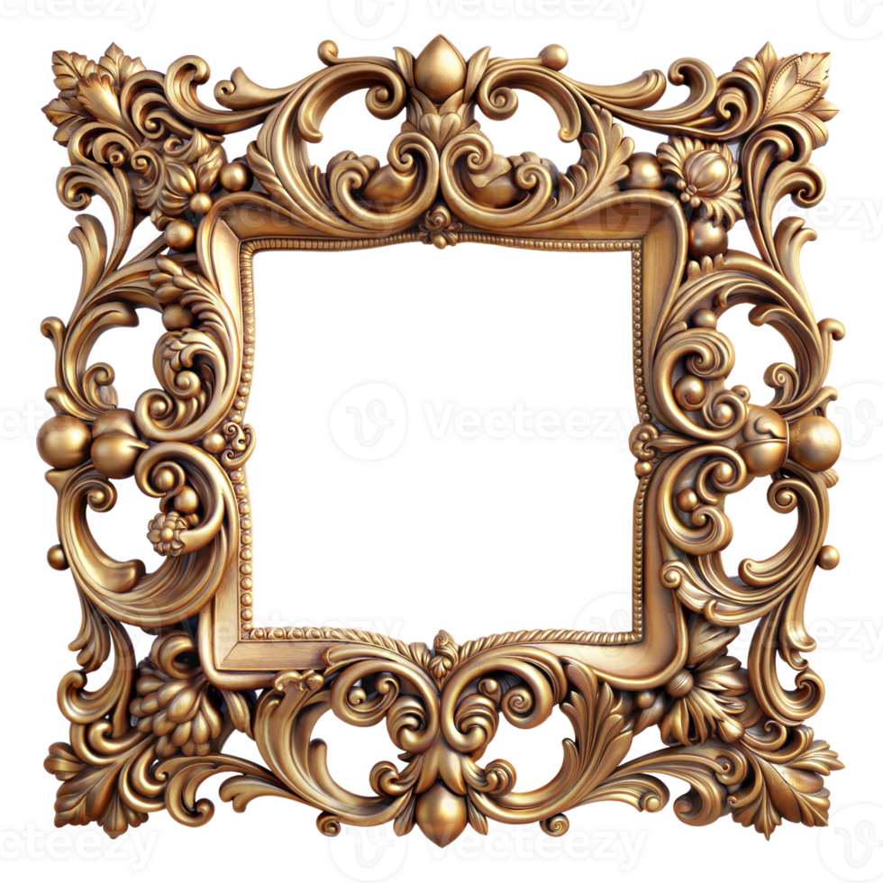 A detailed, gold picture frame with intricate carvings around the border png