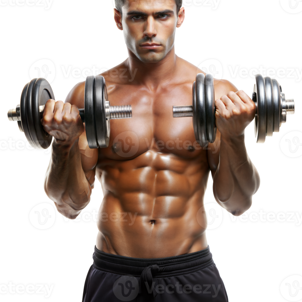 A man with a muscular body is lifting weights png