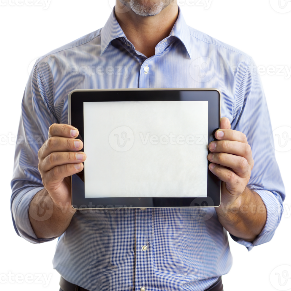 A man is holding a tablet with a white screen png