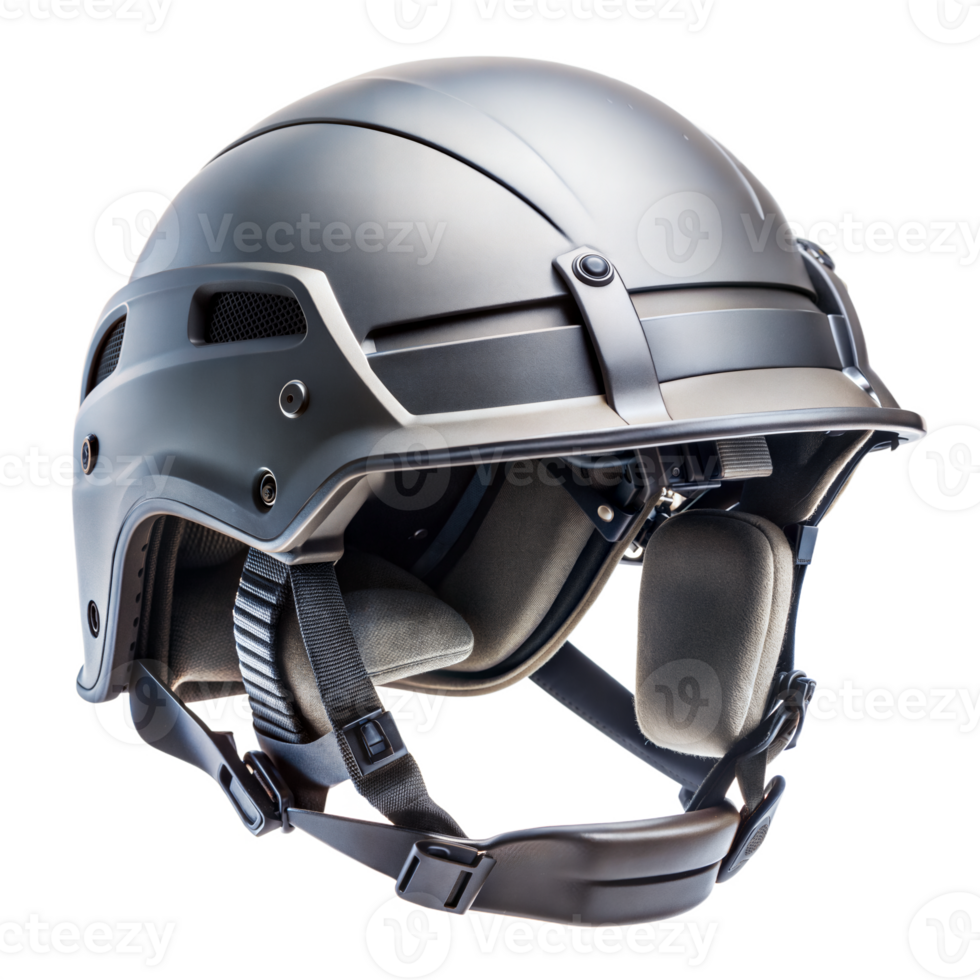 A close-up image of a modern grey tactical helmet with black straps and an adjustable chin strap png