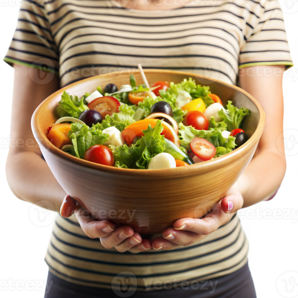 A woman is holding a bowl of salad png