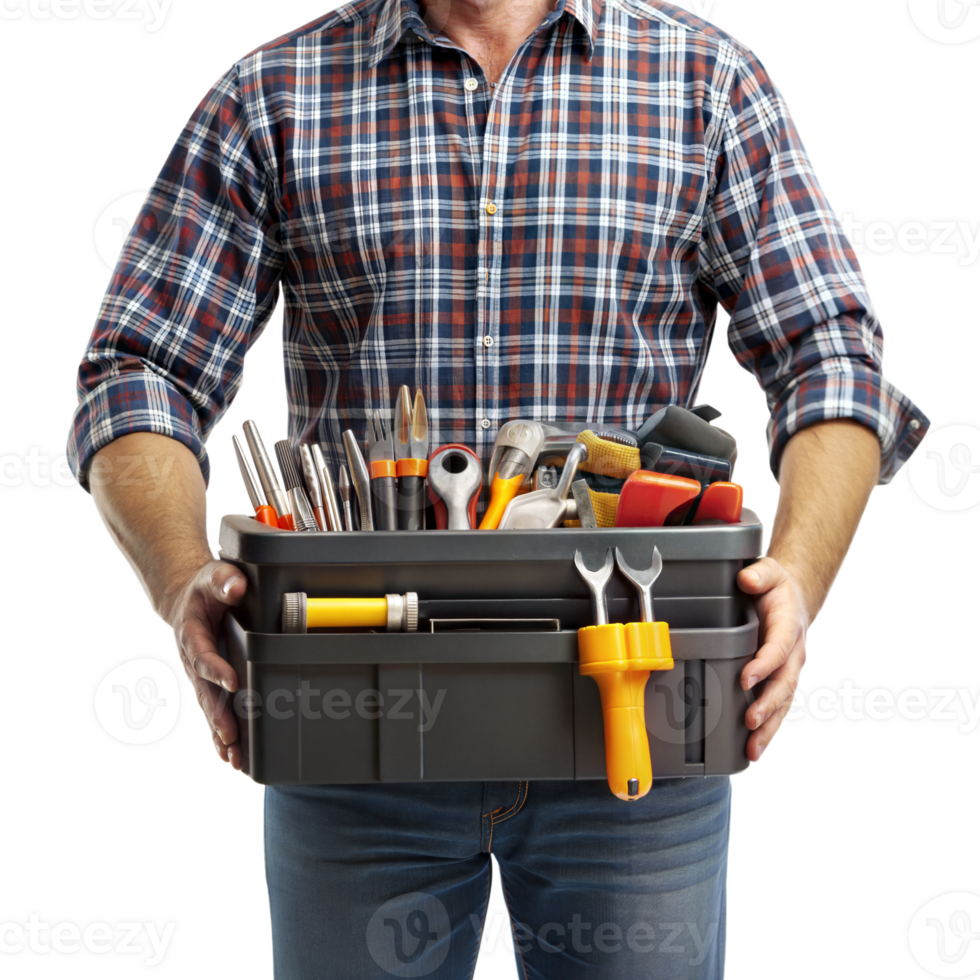 A man is holding a toolbox with various tools in it png