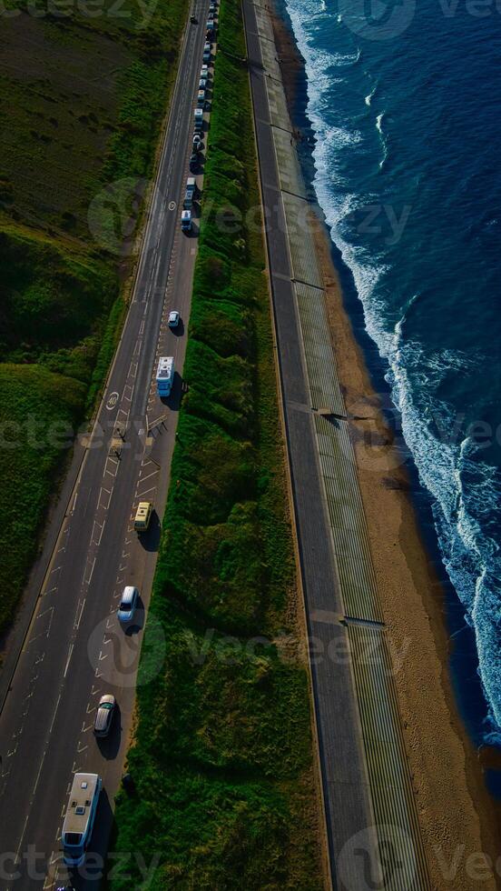 Aerial view of coastal road and beach in Sandsend, Yorkshire photo