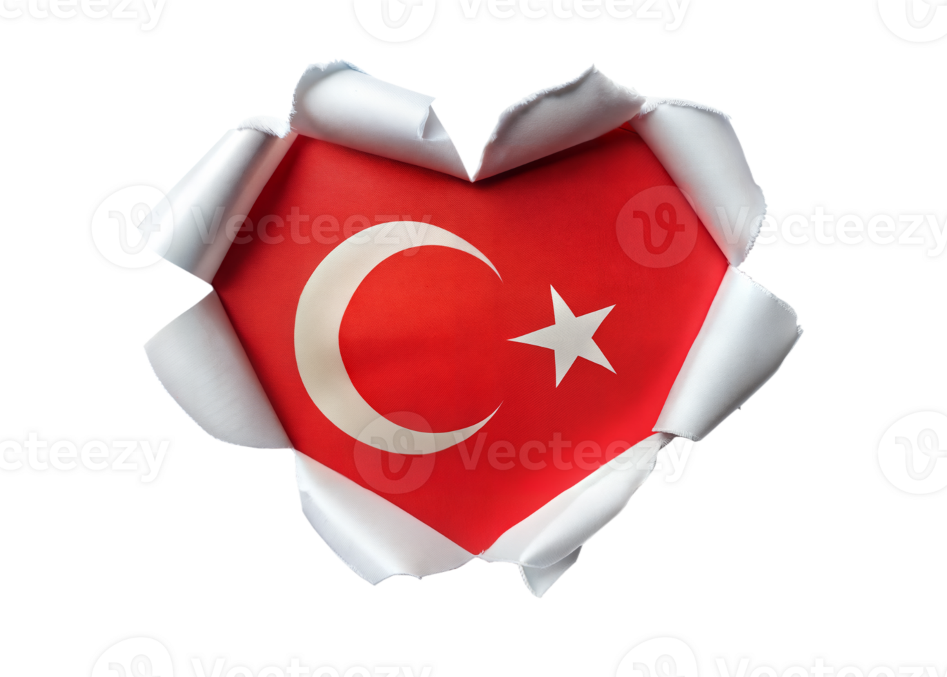 A close-up image of the Turkish flag displayed in a heart-shaped hole in white paper png