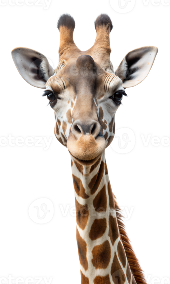 A close-up portrait of a giraffes face and neck, captured against a soft, transparent background png