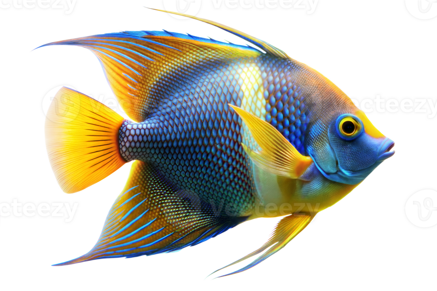 A single, colorful angelfish with blue, yellow, and green scales swims through a tropical reef png