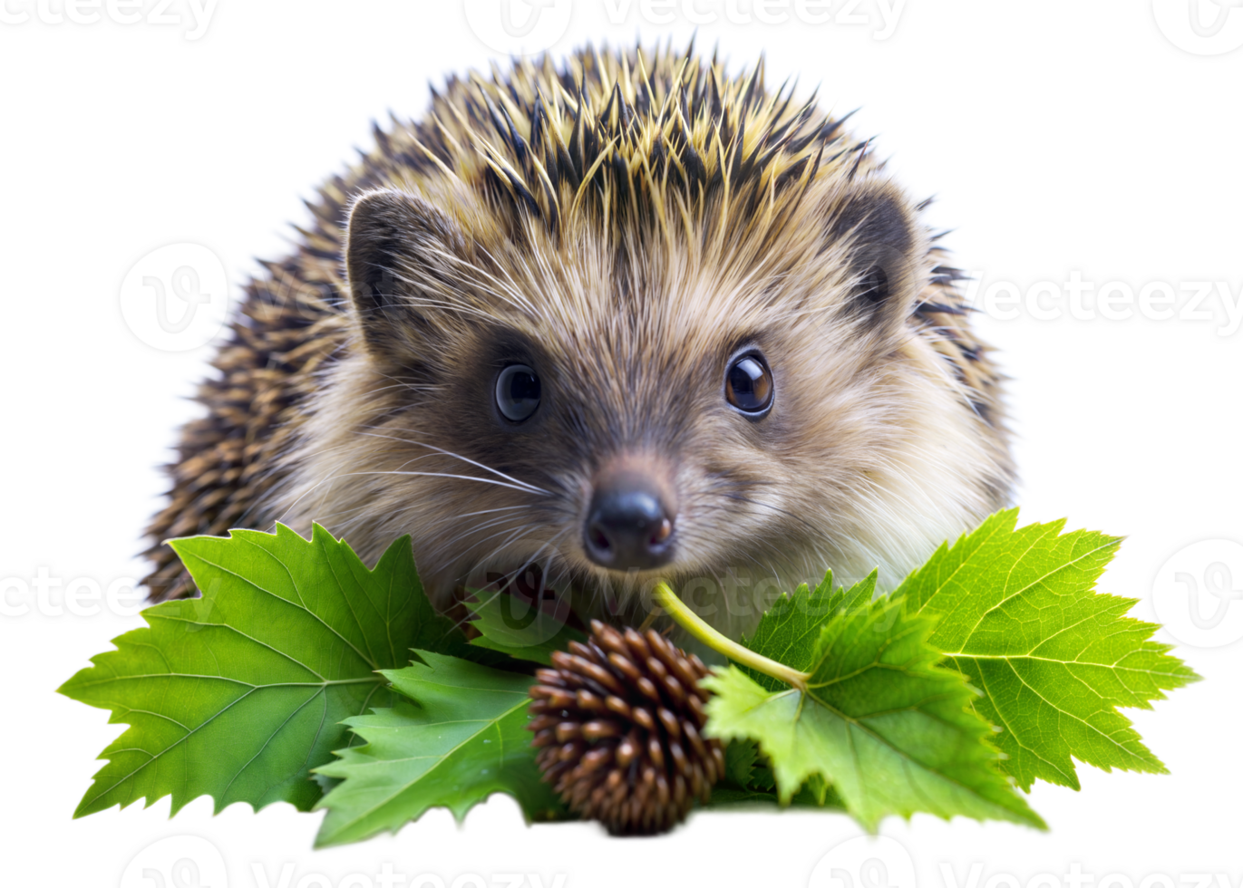 A close-up shot of a small hedgehog with a curious expression as it eats a pine cone. Green leaves surround the hedgehog, adding to the natural and adorable scene png