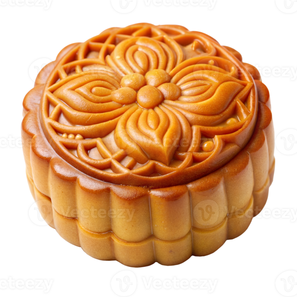 A close up of a golden mooncake with a delicate floral design on the top png