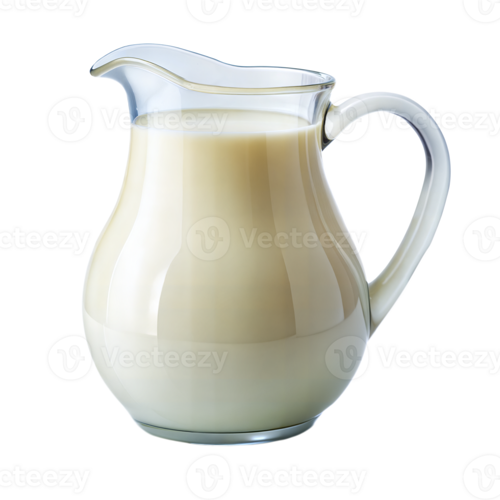 A full glass pitcher of fresh milk sits on a transparent background png