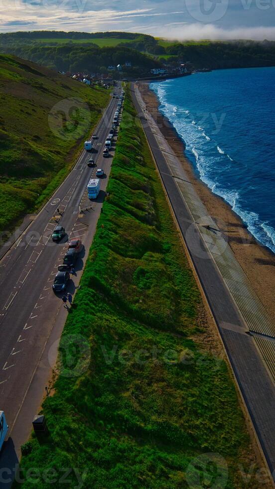 Aerial view of coastal road and beach in Sandsend, Yorkshire photo