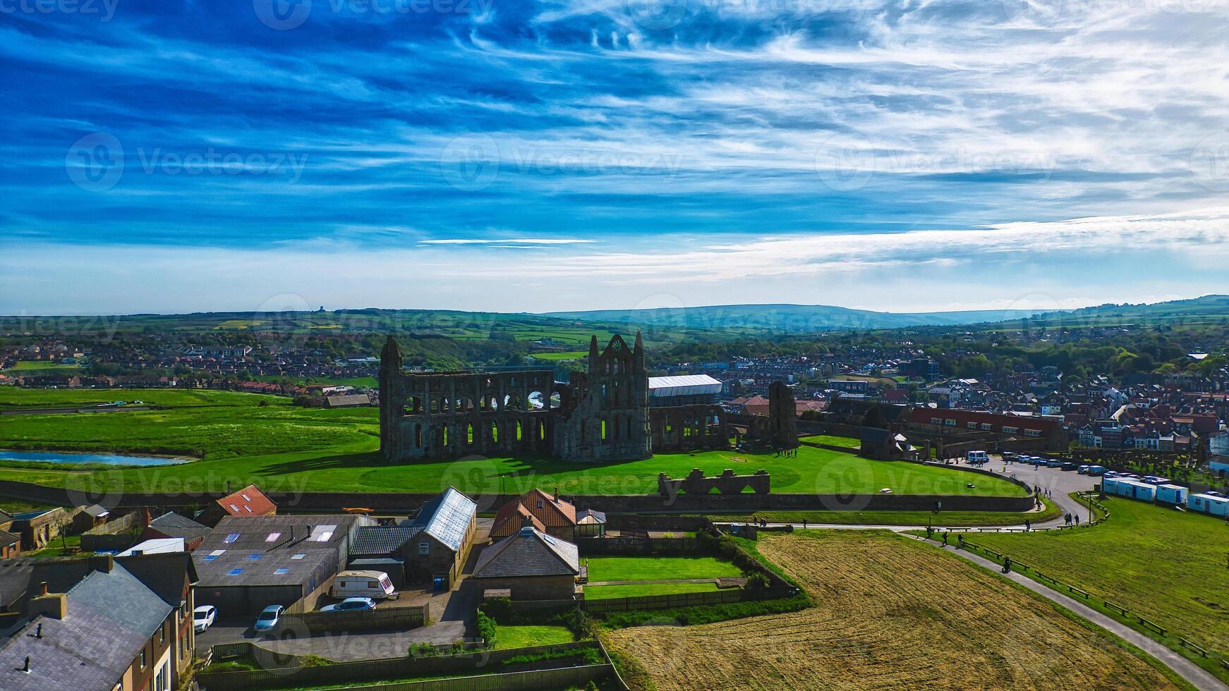 Aerial view of historic abbey ruin and town in Whitby, North Yorksire photo