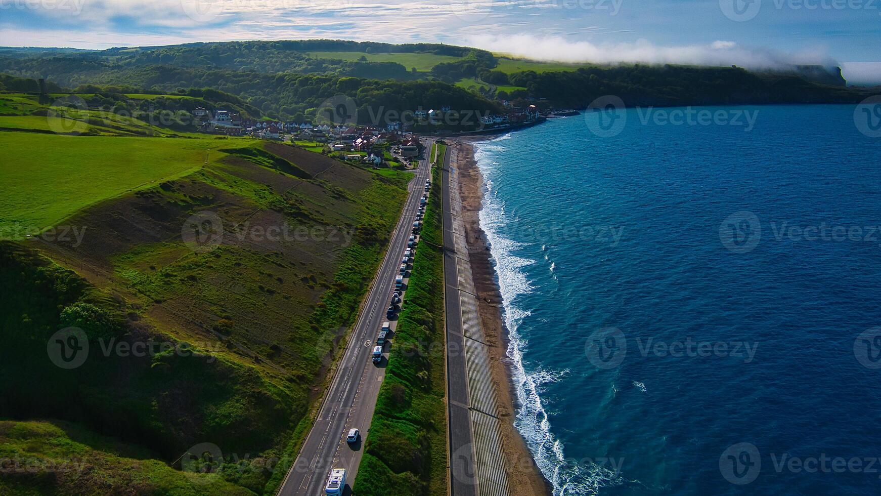 Aerial view of coastal road and beach in Sandsend, Yorkshire photo