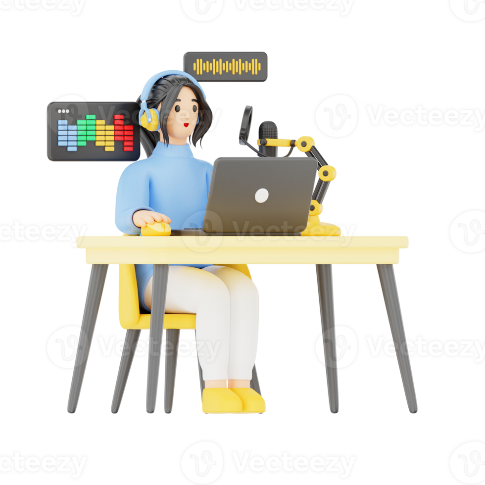 Woman Editing Podcast Audio 3D Podcast Illustration for uiux, web, app, infographic, etc png