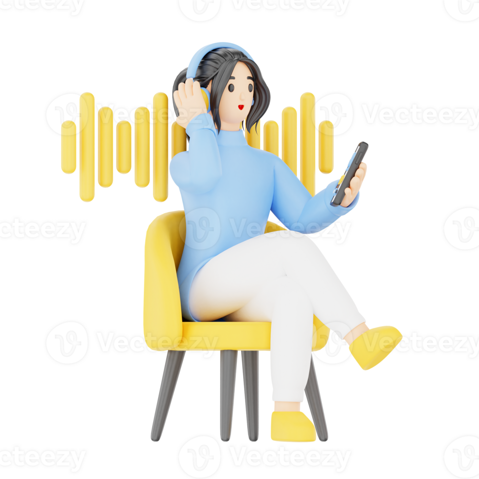 Young Woman Listening to Podcast 3D Podcast Illustration for uiux, web, app, infographic, etc png