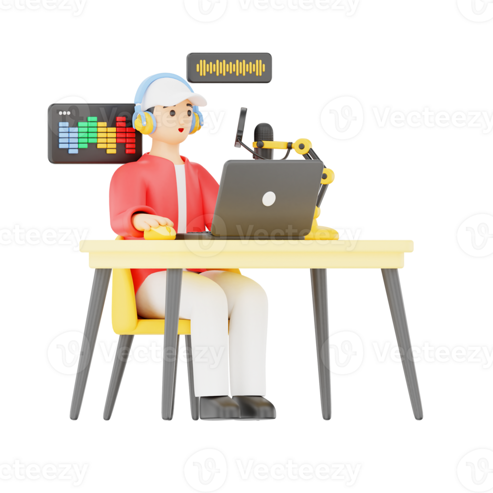 Man Editing Podcast Audio 3D Podcast Illustration for uiux, web, app, infographic, etc png