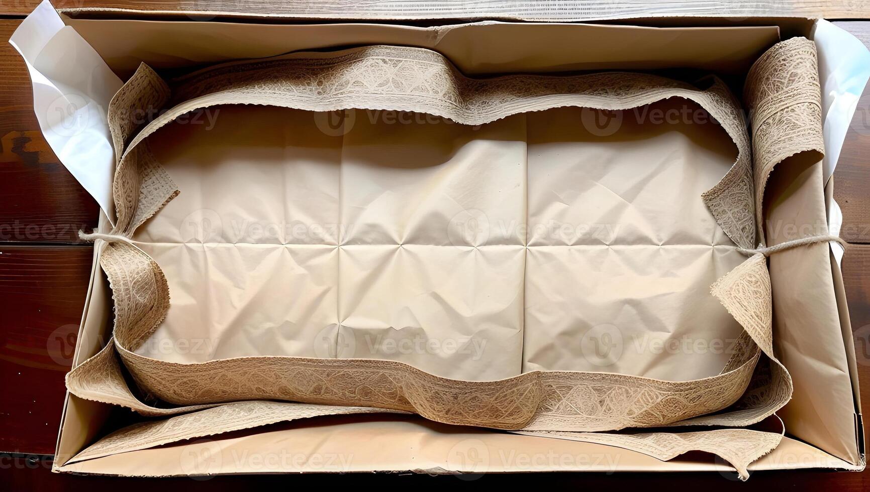 Top view of an open, empty cardboard box with protective paper padding and dividers, illustrating packaging, shipping, and online shopping concepts. photo