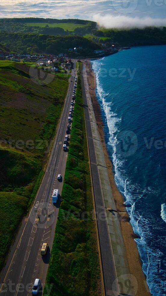 Aerial view of coastal road and beach in Sandsend, Yorkshire photo