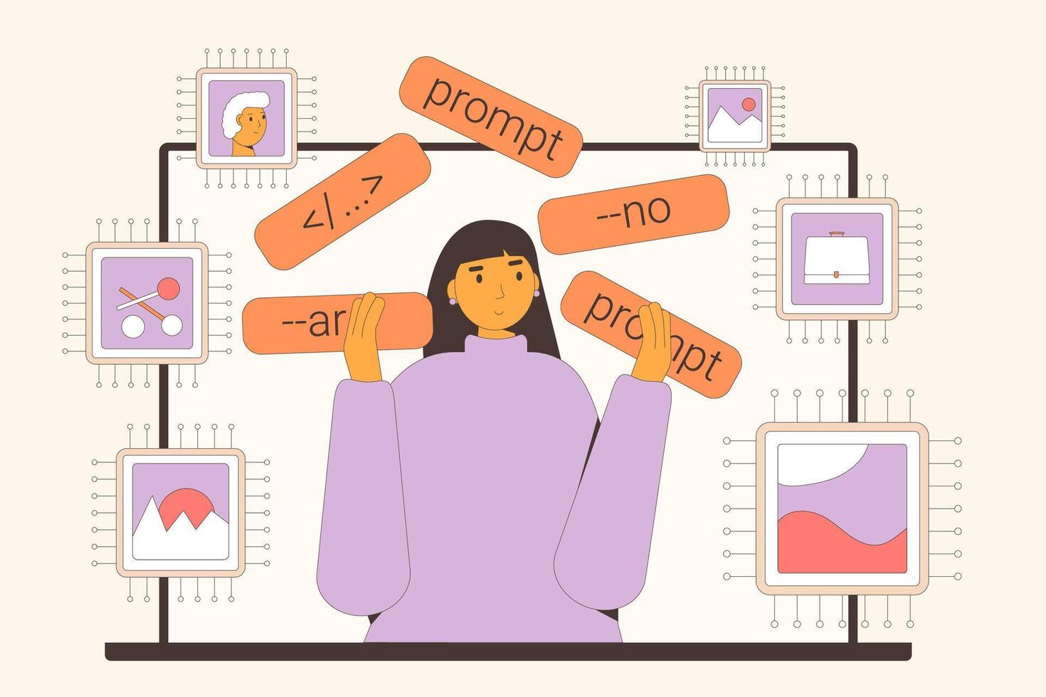 Prompt engineer job. Artificial intelligence helps to designer to create an image. vector