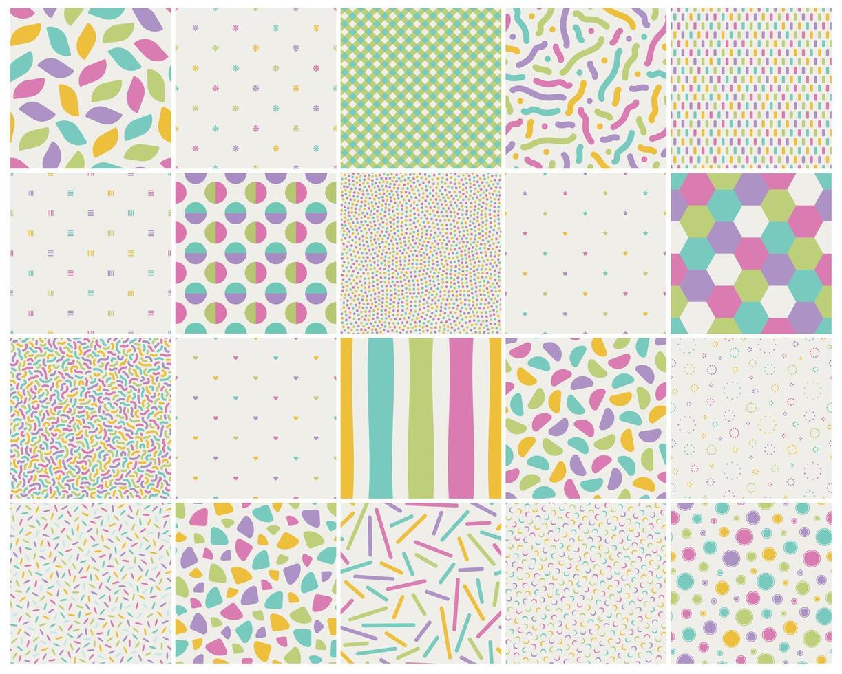 Collection of seamless colorful patterns. Trendy bright geometric backgrounds. Simple unusual textile prints. Vibrant endless design vector