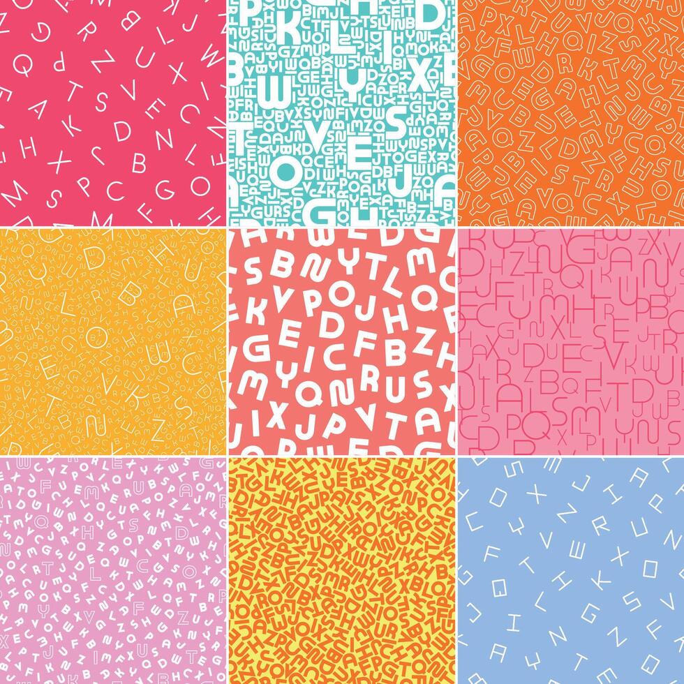 Collection of bright colorful seamless alphabet patterns. Stylish vibrant children backgrounds with Latin letters. Trendy textile fashion prints vector