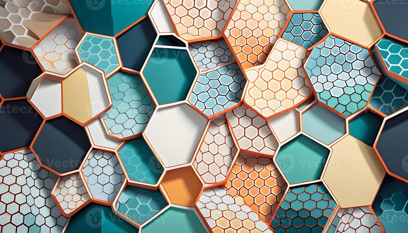 Abstract geometric background of hexagonal tiles in shades of blue, beige, and white with varying patterns and textures. Ideal for modern design concepts. photo