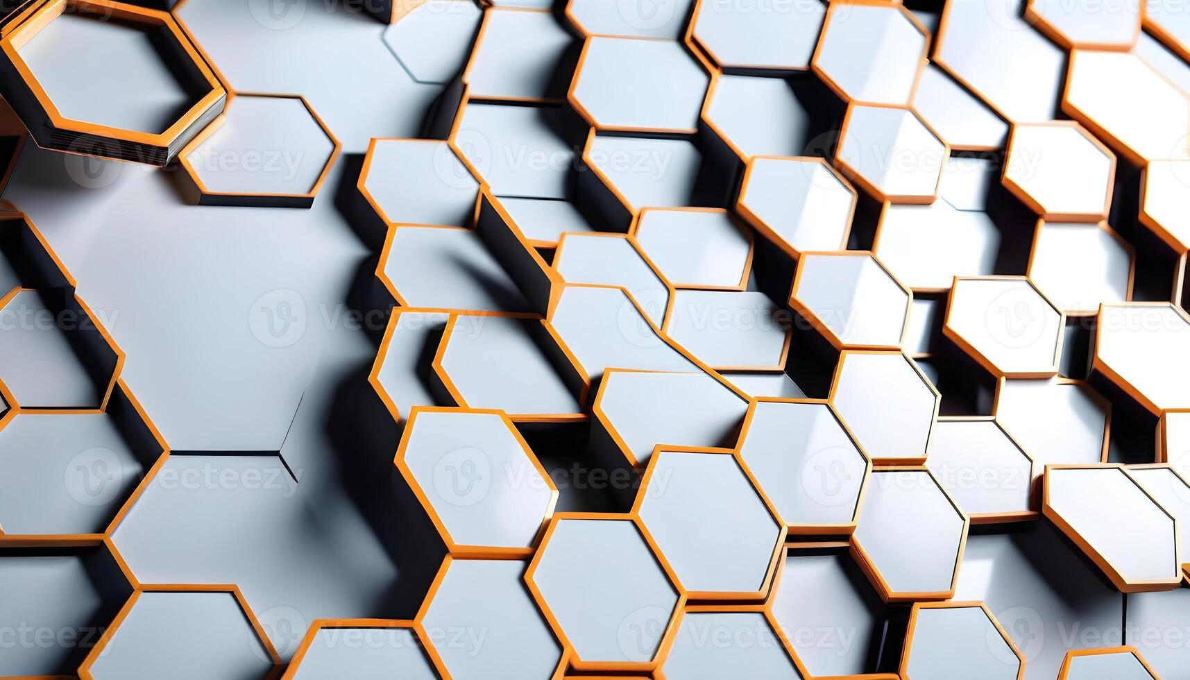Abstract hexagonal geometric background with a 3D effect in white and orange tones, suitable for technology or science-themed designs. photo