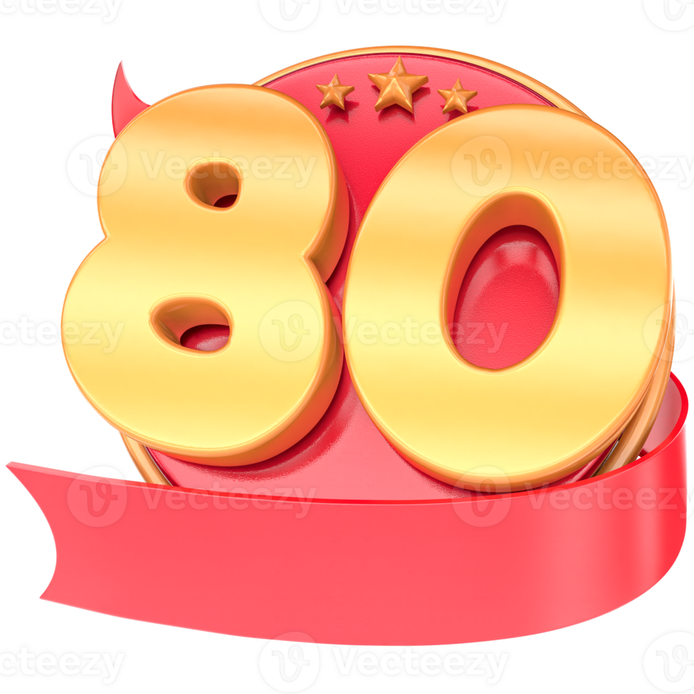 Anniversary 3d red numbers with ribbon 80 Number Gold png
