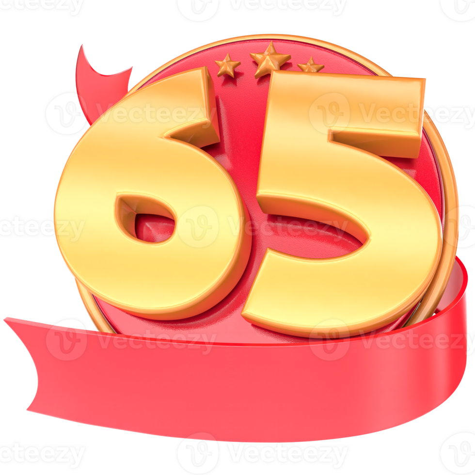 Anniversary 3d red numbers with ribbon 65 Number Gold png
