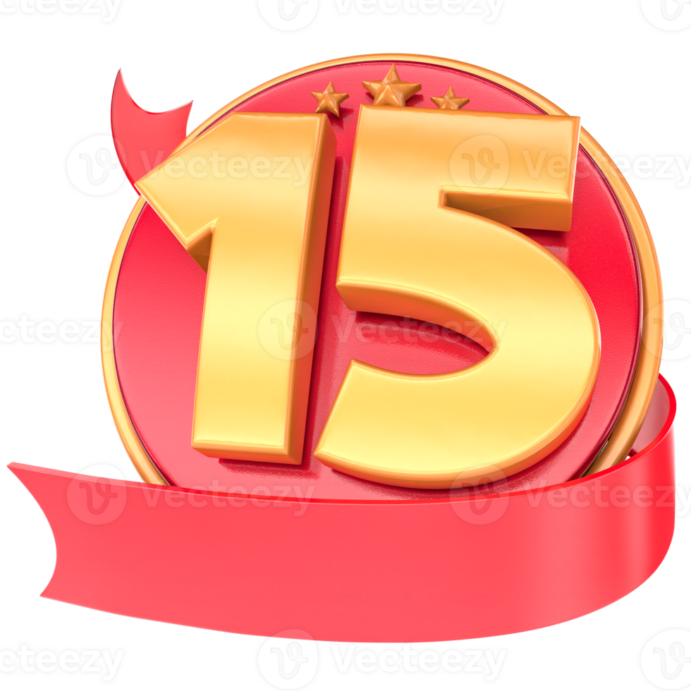 Anniversary 3d red numbers with ribbon 15 Number Gold png