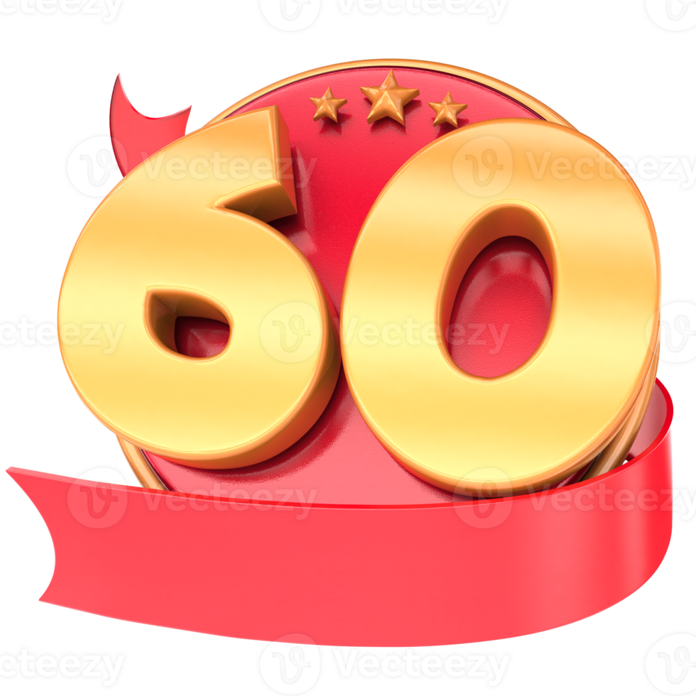 Anniversary 3d red numbers with ribbon 60 Number Gold png
