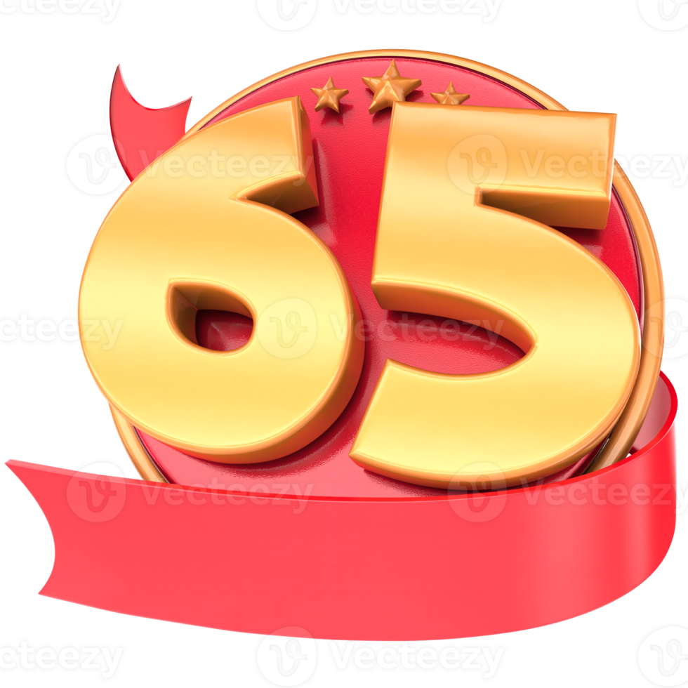 Anniversary 3d red numbers with ribbon 65 Number Gold png
