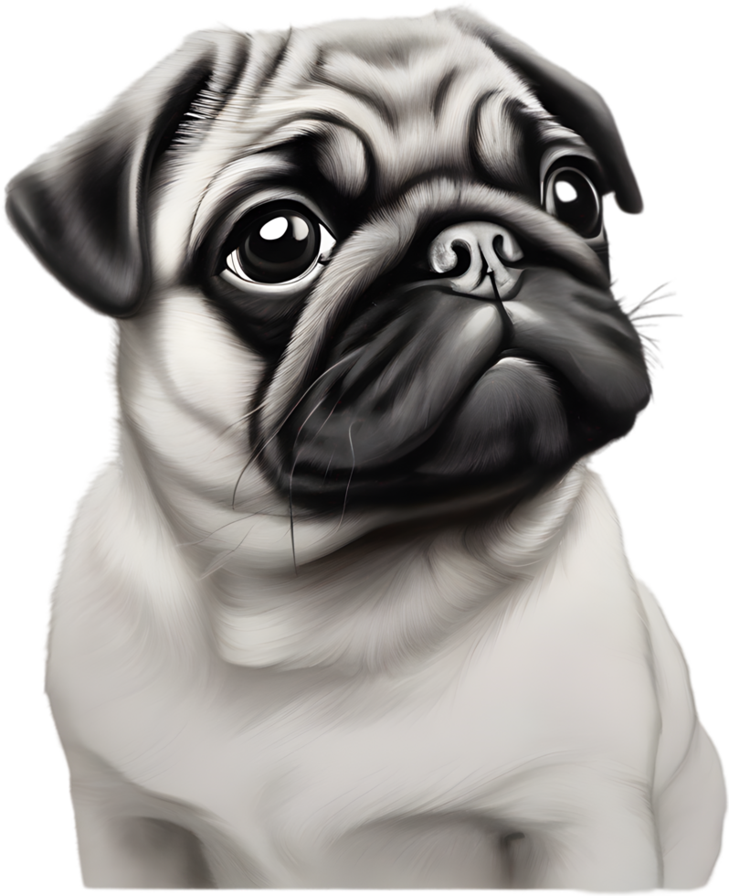 Close up captures Pugs distinctive wrinkled, expressive face. AI-Generated. png