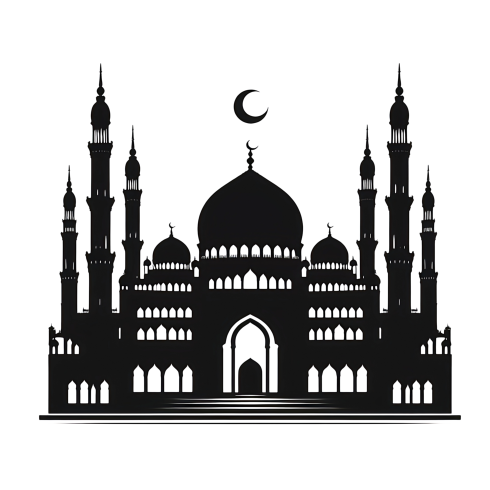 Silhouette of a majestic mosque shadow., black color, isolated, png
