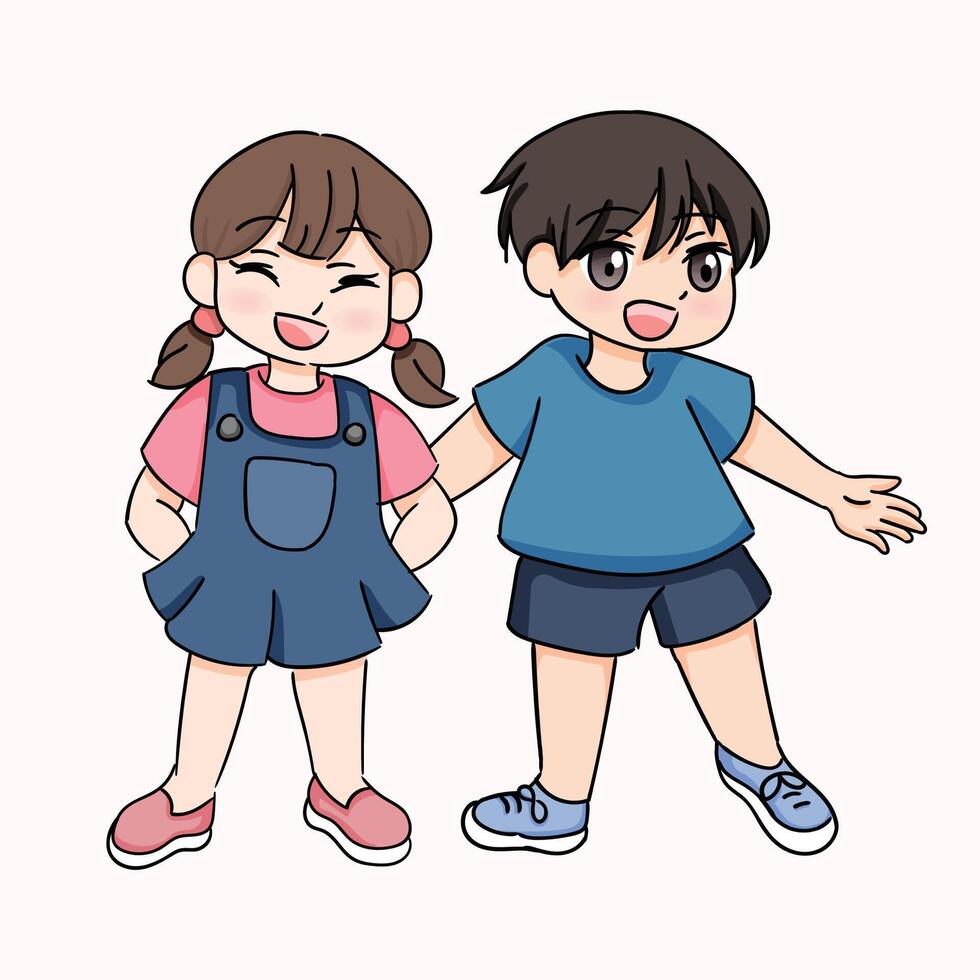children drawing illustrations. boy and girl characters are posing vector