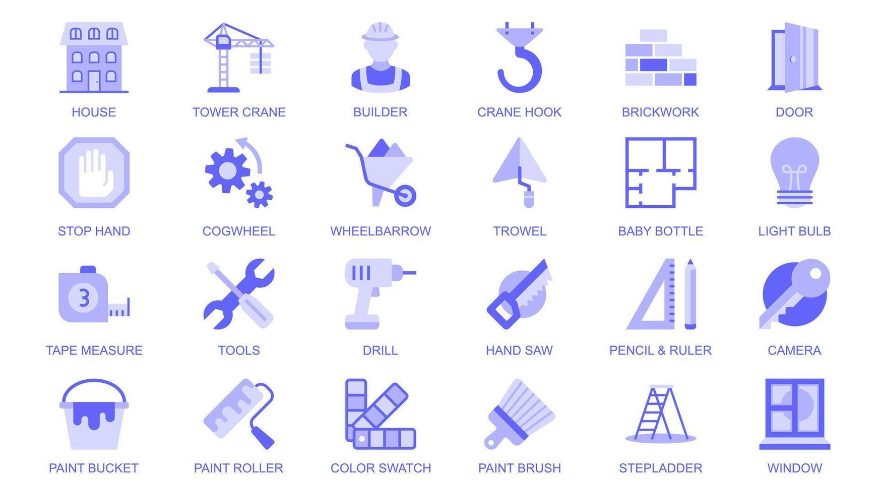 Constructions tools web icons set in duotone flat design. Pack pictograms with house, tower crane, builder, brickwork, door, cogwheel, wheelbarrow, trowel, blueprint, key, other. illustration. vector