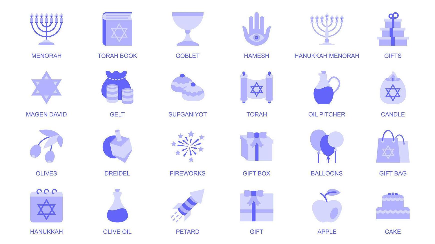 Hanukkah web icons set in duotone flat design. Pack pictograms with menorah, torah book, goblet, hamesh, gift, magen david, gelt, sufganiyot, oil pitcher, candle, olives, other. illustration. vector