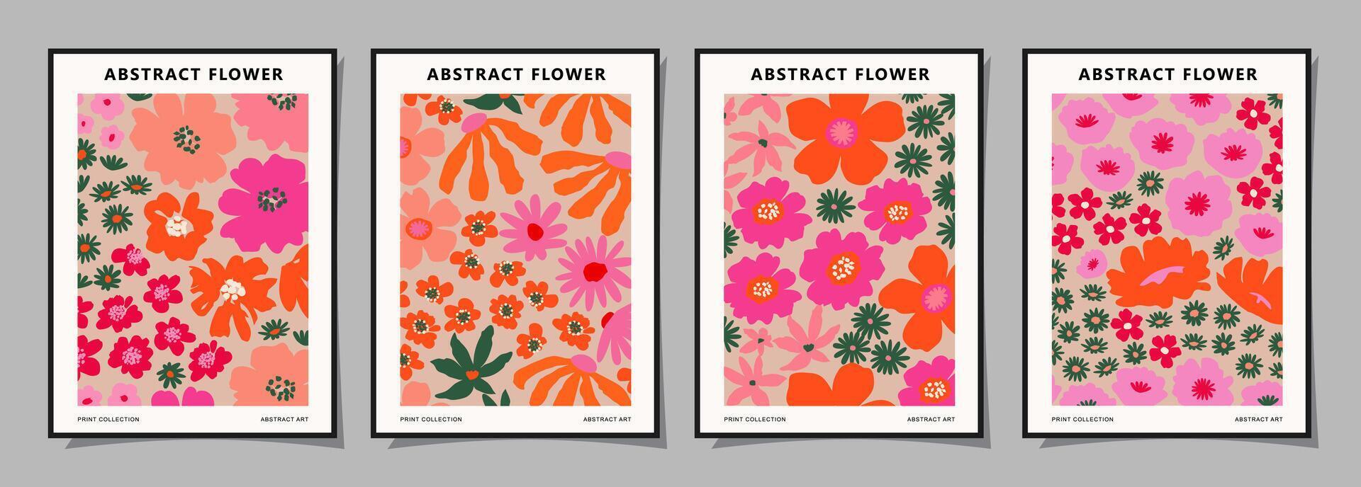 Set of abstract groovy floral posters. Trendy botanical wall art with flower design print in vibrant colors. Modern naive for interior decor, cover, card, template, banner, wallpaper and background. vector