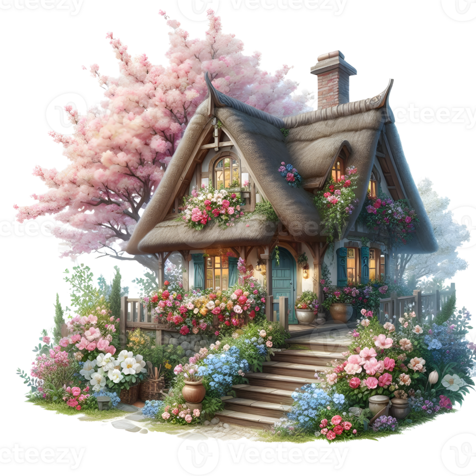 Fairytale Cottage With Blooming Flowers on transparent background png