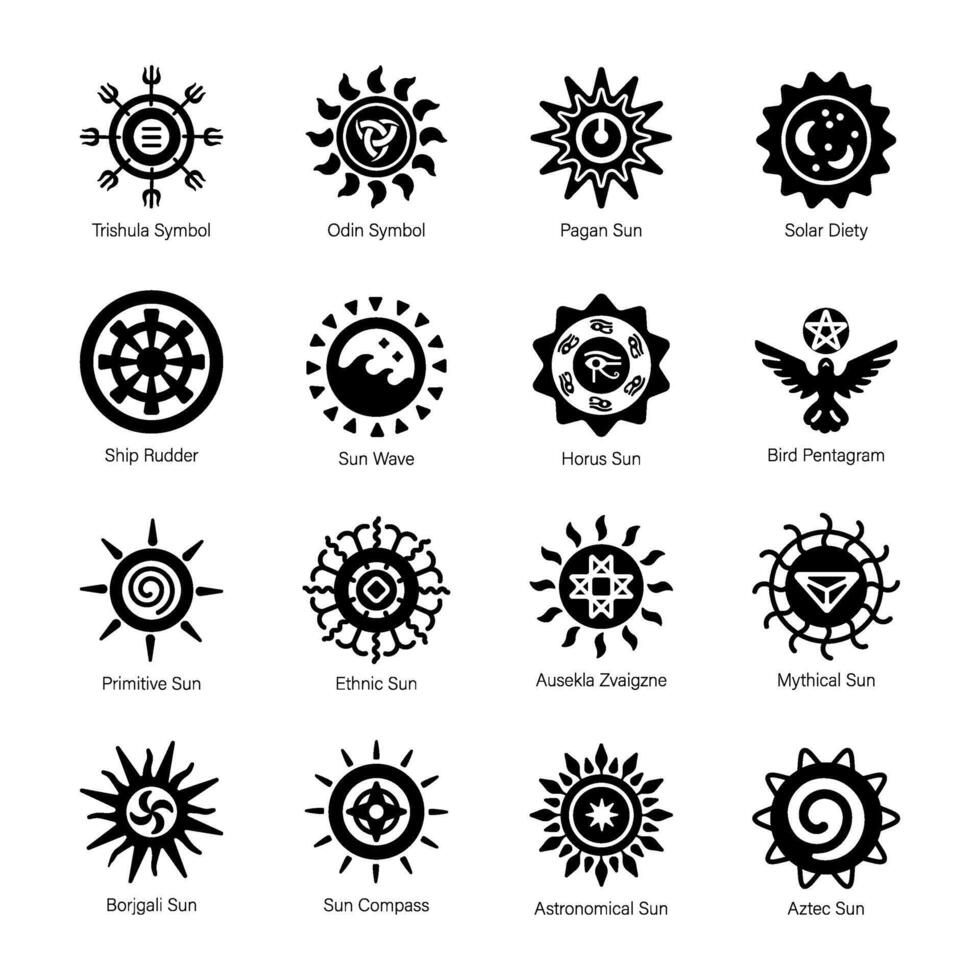 Collection of Ancient Sun Beliefs Glyph Icons vector