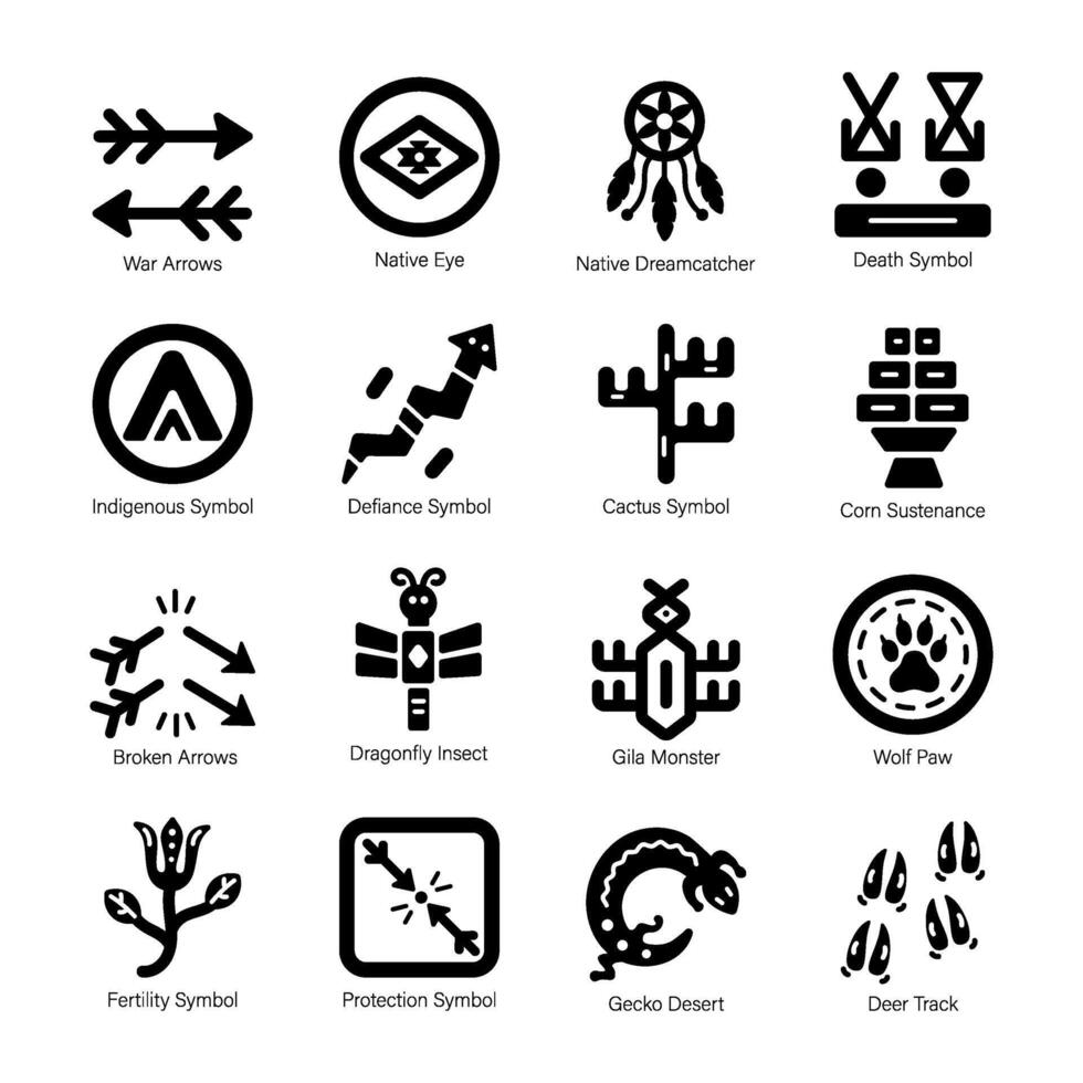 Set of 16 Glyph Style Native American Icons vector
