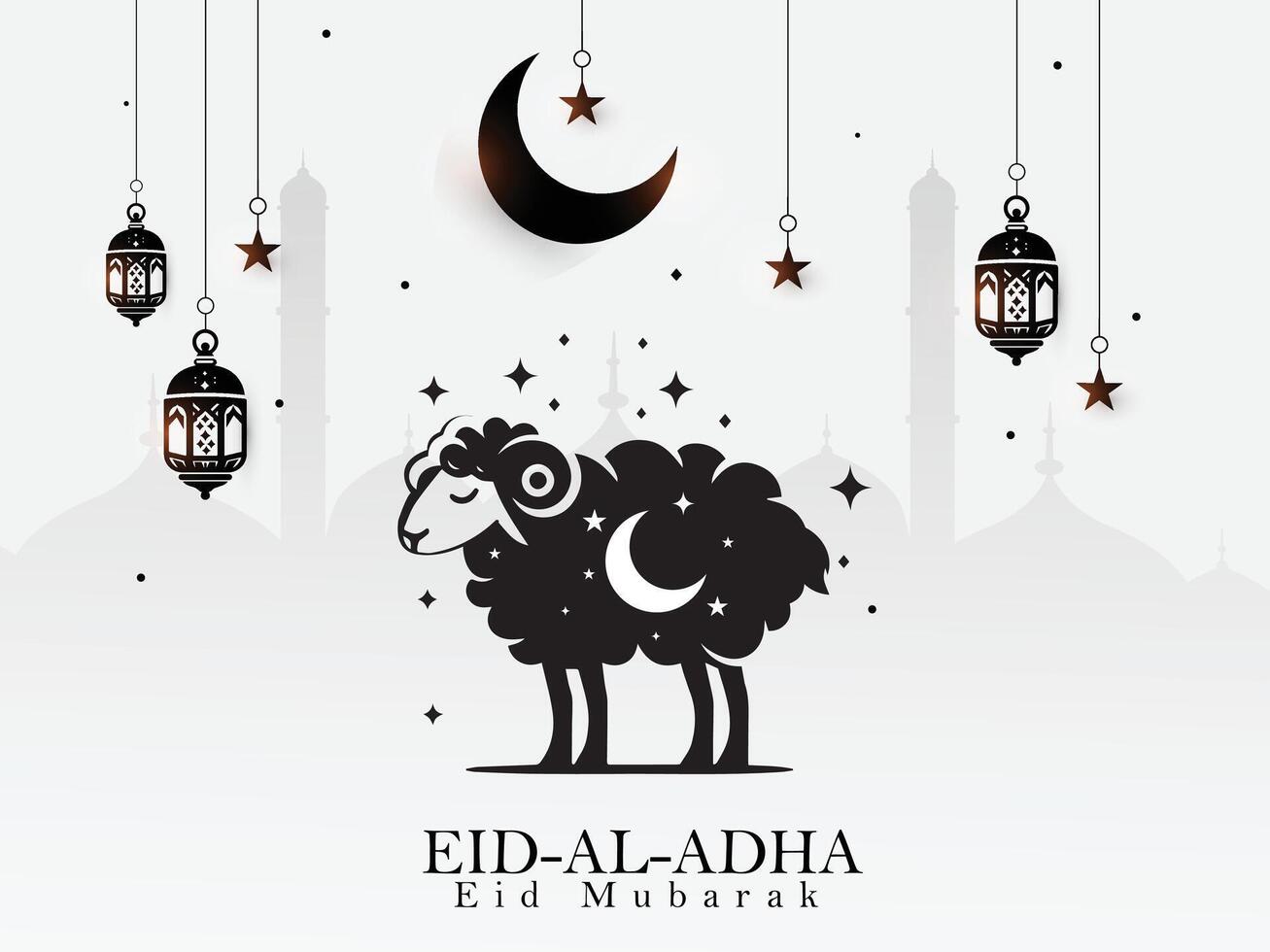 Eid al adha black color background design with lantern, sheep, half moon and star vector