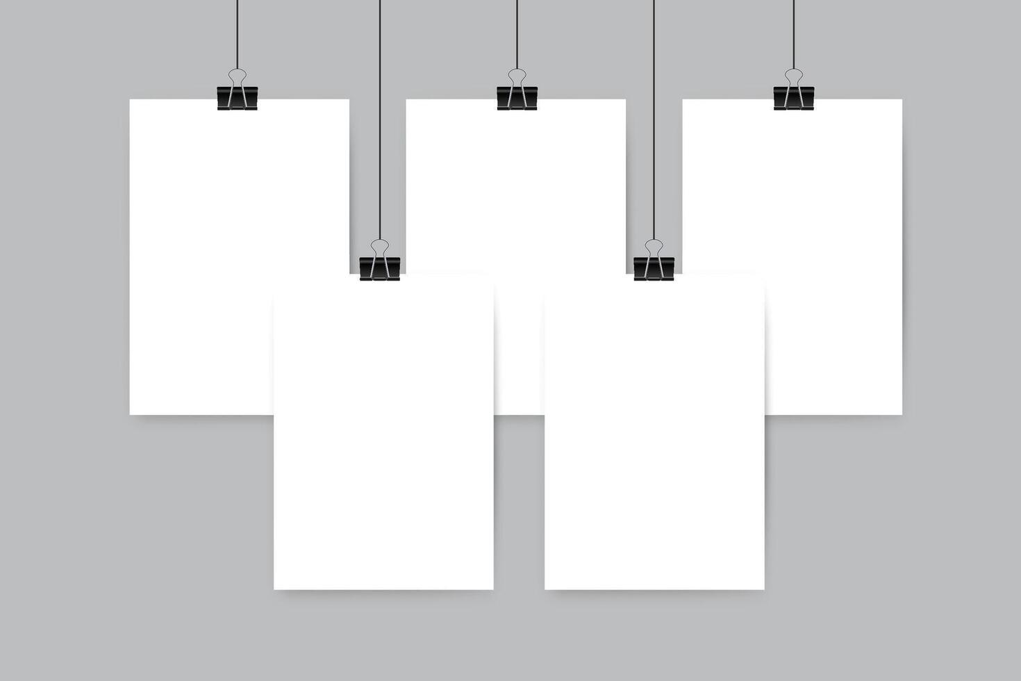 blank vertical rectangle poster template hanging on thread with paper clips on white background. vector