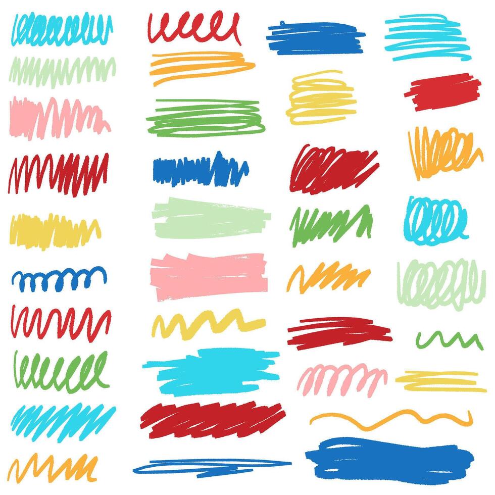 Set of colorful charcoal pencil curly lines, squiggles and shapes. Grunge pen scribbles collection. Bright color charcoal or chalk drawing vector