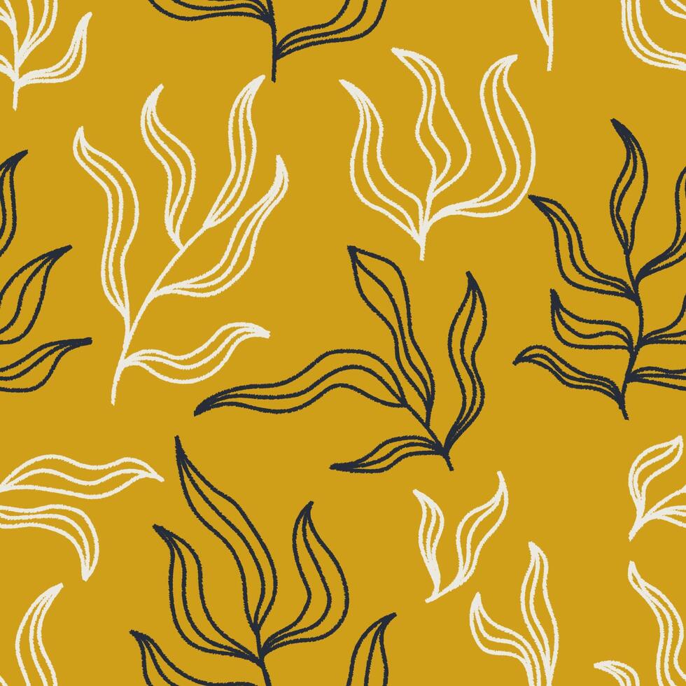 Seamless pattern with twigs and leaves outline on yellow. Hand drawn floral botanical design. Modern print for textile, fabric, wallpaper, wrapping, scrapbook and packaging vector