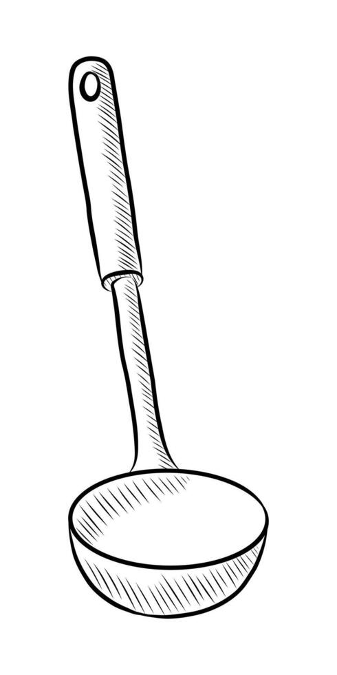 BLACK AND WHITE CONTOUR DRAWING OF A KITCHEN LADLE vector