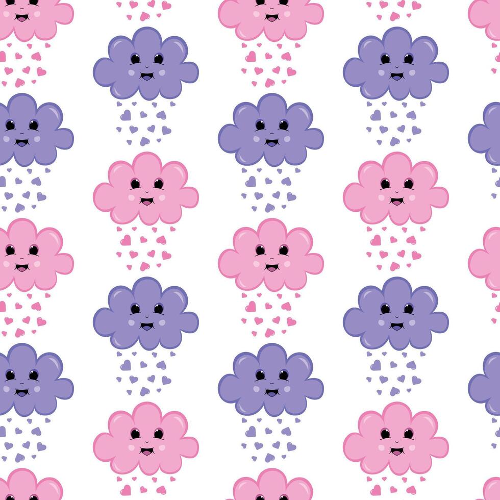 Seamless pattern with characters - cute and happy purple and pink clouds with hearts. vector