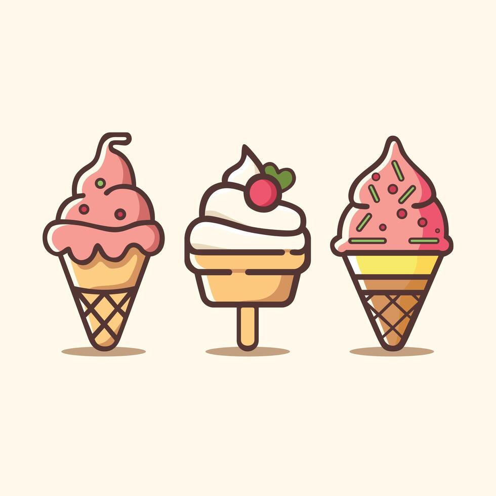 Three ice creams in kawaii style. A smiling vanilla cone with sprinkles, a cheerful chocolate sundae with a cherry, and a cute strawberry popsicle. vector