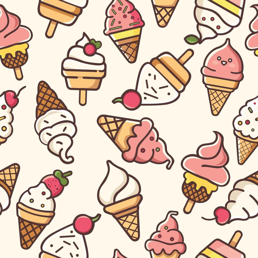 Cute kawaii-style ice cream pattern. Sweet treats in adorable designs, featuring smiling cones, delightful sundaes, and cheerful popsicles. vector