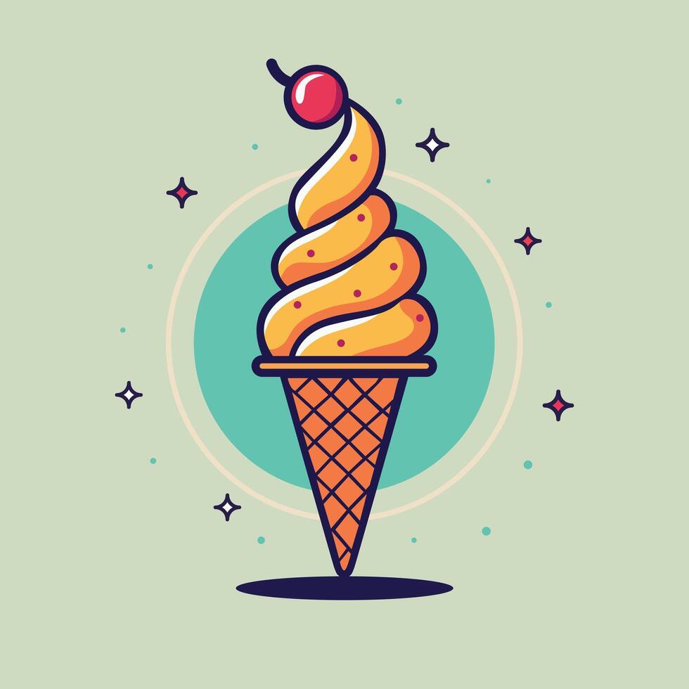 Illustration of ice cream with stars and dots. A delightful ice cream cone decorated with whimsical stars and dots, topped with a bright cherry, creating a fun and playful design. vector