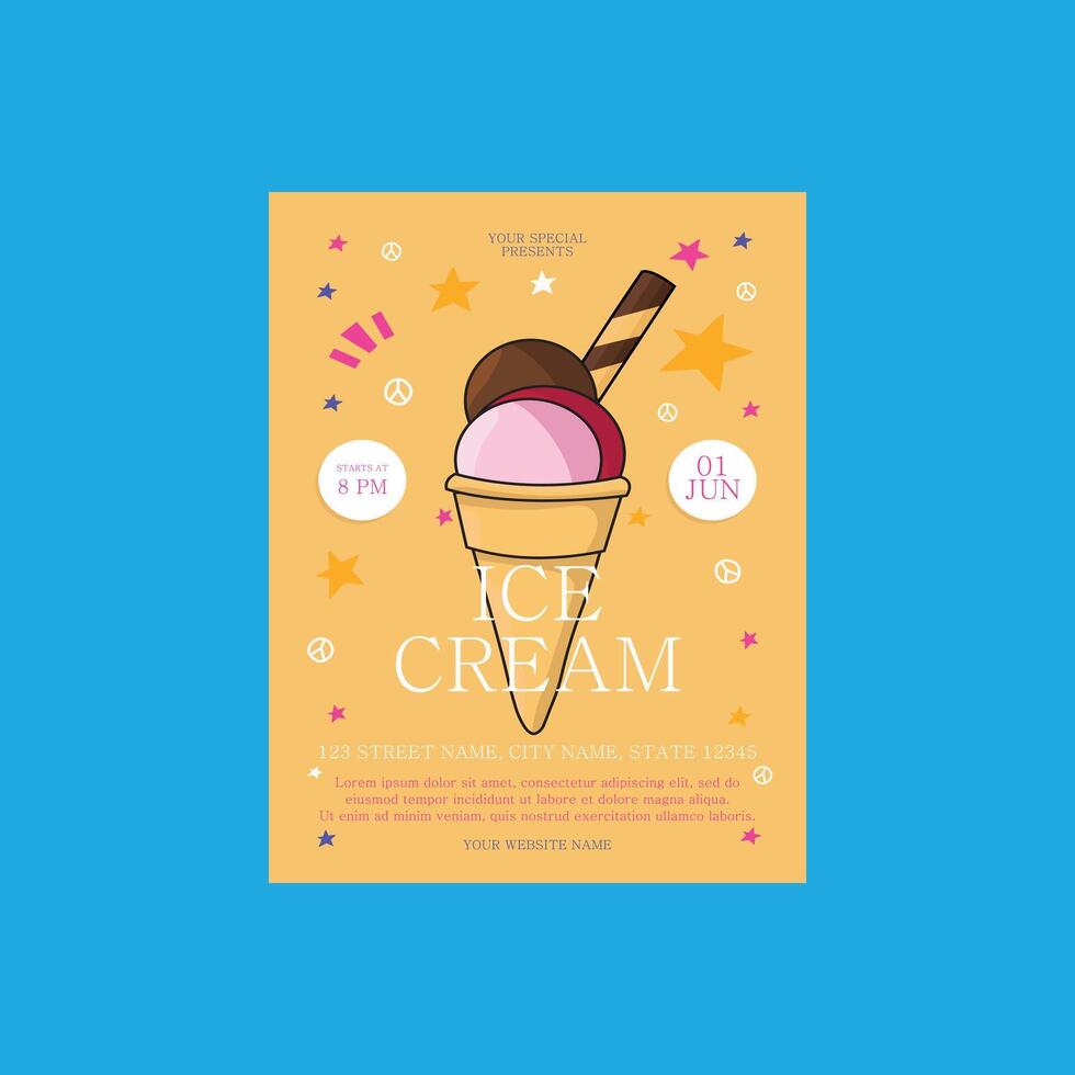 delicious ice cream in bright colors. Summer background, poster, banner, flyer, party invitation template. Creative paper art vector